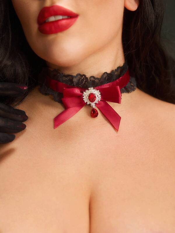 PinupGlam Ruby Red & Black Lace Choker Necklace For Women