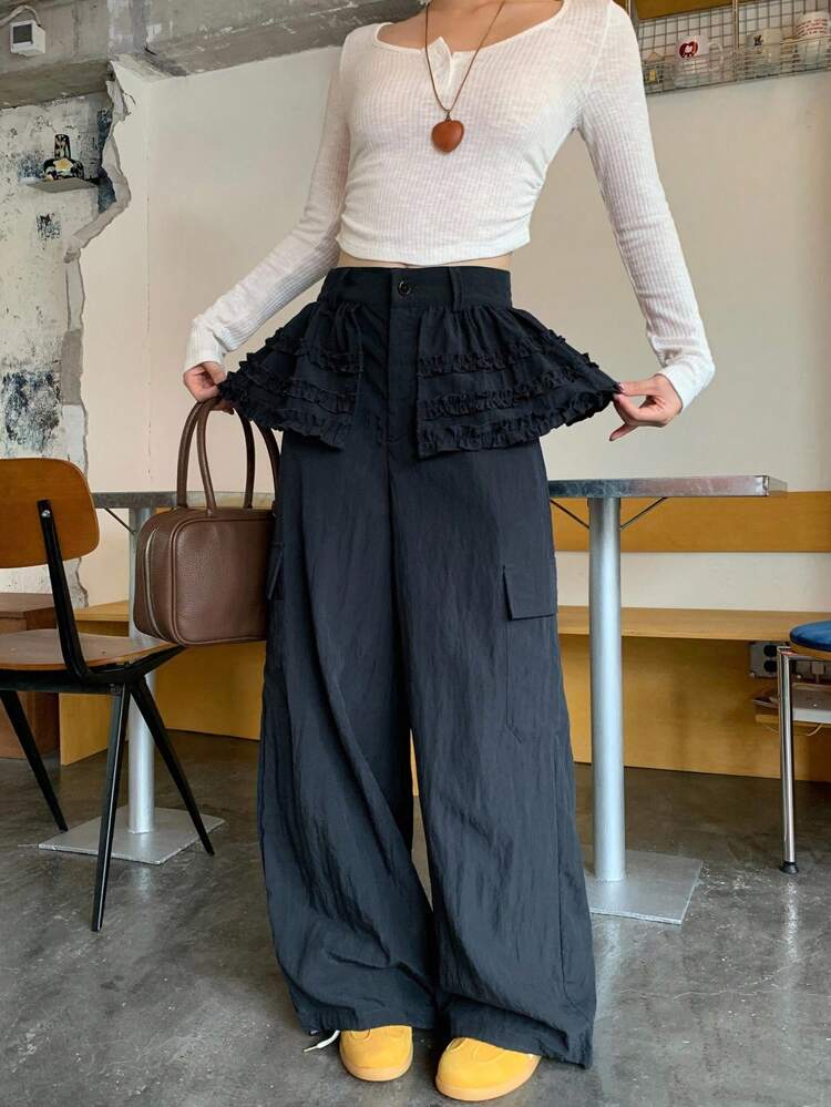 Women's Casual Loose Ruffle Hem Wide Leg Pants