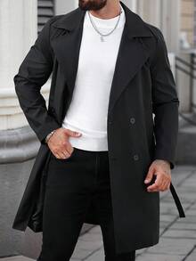 Manfinity Homme Men's Casual Versatile Solid Color Black Double-Breasted Trench Coat, Old Money , Fall - Black - View 1