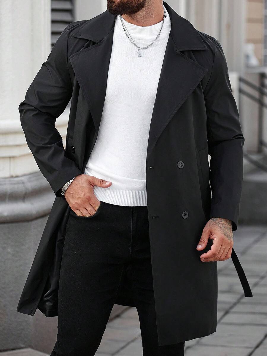 Manfinity Homme Men's Casual Versatile Solid Color Black Double-Breasted Trench Coat, Old Money , Fall - Black - View 1