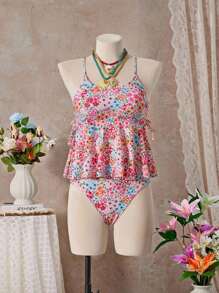 SHEIN Swim 女士高弹甜美碎花节日泳池派对比基尼套装，夏季海滩度假 - 彩色 - 查看 10