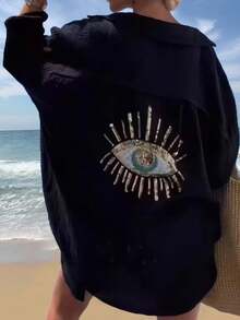 INAWLY Women's Sequin Eye Pattern Long Sleeve Loose Midi Shirt Dress - Black - View 2