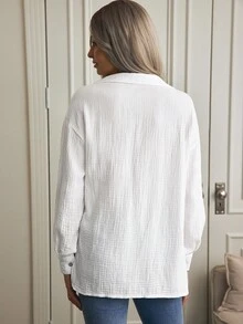 Louniche Solid Drop Shoulder Button Front Shirt,Long Sleeve Tops