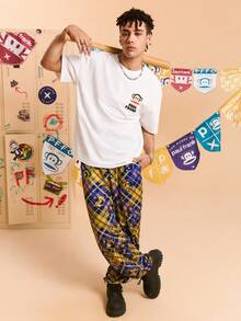 Paul Frank X SHEIN 男士卡通格子图案口袋运动裤 - 彩色 - 查看 6