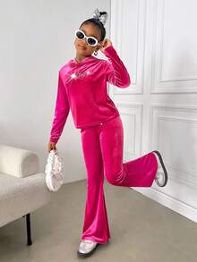 2pcs/Set Sweatshirt Nyaman Motif Glitter Rhinestone Beludru untuk Remaja Perempuan, Pakaian Musim Gugur Hangat Serbaguna untuk Remaja Perempuan di Musim Gugur dan Musim Dingin - Hot Pink - View 4