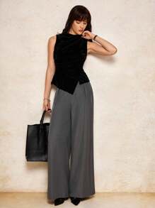 House of One Charcoal Grey Pleated High-Waisted Straight Leg Long Pants Women Casual Office Old Money Fall Clothes Fall Outfits Business Professional Women Business Casual Woman