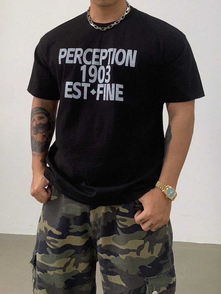 Men's Letter Print Street Style Black T-Shirt, Summer