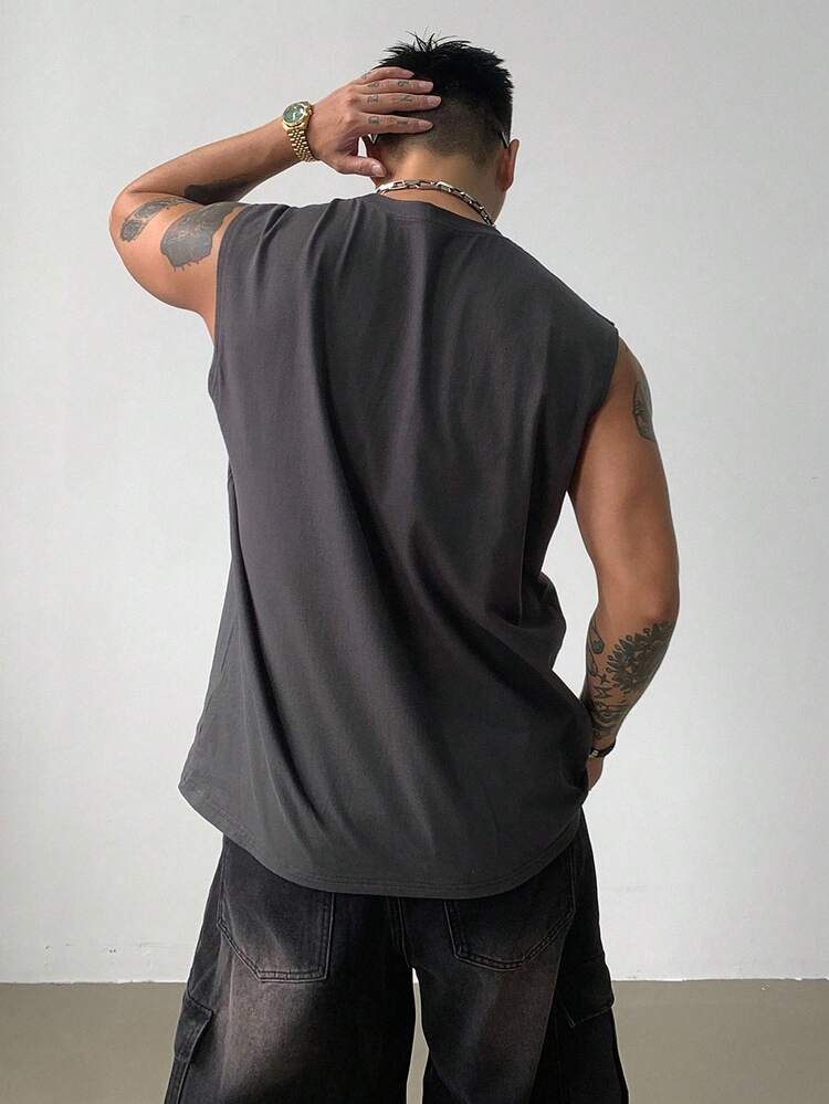 Men's Grey Printed Street Style Sleeveless Tank Top, Summer