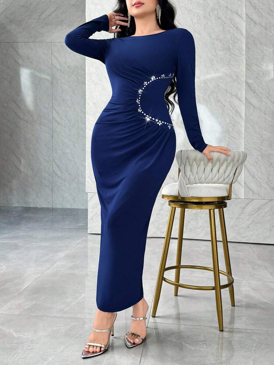 Feyla 女士优雅水钻装饰修身长裙 - 藍色 - 查看 1