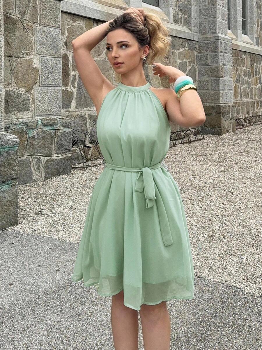 Jeta Ari Women's Solid Color Pleated Short Halter Dress, Casual Holiday Dresses For Wedding Event - Mint Green - View 1