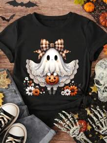 EMERY ROSE Summer Casual Halloween Ghost Print Short-Sleeved T-Shirt, Halloween T-Shirt, Halloween Cute Ghost T-Shirt, Spooky Ghost T-Shirt, Autumn Cute Bow T-Shirt, Pumpkin Halloween - Black - View 3