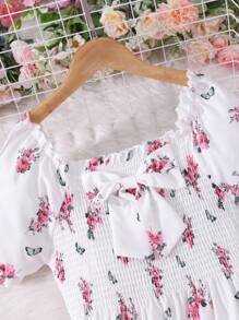 Sparklyn Tween Girls White Floral Midi Dress With Puff Sleeves And Flounce Hem - White - View 8