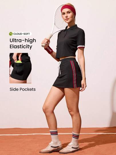 CourtClass 对比色条纹抽绳腰运动裙网球短裙女式网球裙运动短裙网球服装女式运动裙