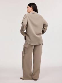 Veilorie Casual Women Shirt And Cargo Pocket Pants Two-Piece Set, Daily Wear - Khaki - View 5