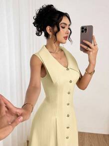 Modelyn 女式黄色超大领口无袖修身 A 字连衣裙 - 杏色 - 查看 5