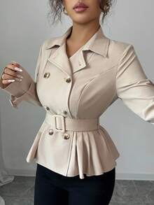 Elenzga 卡其色褶皱束腰双排扣优雅公主线长袖风衣 - 卡其色 - 查看 3