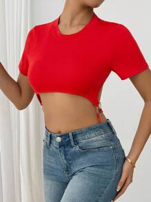 SHEIN LUNE 女士性感短款纯色圆领长袖T恤 - 紅色 - 查看 6