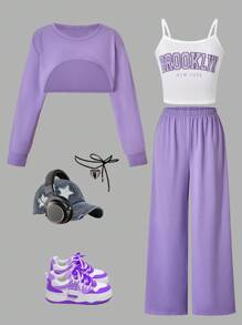 Sparklyn Teen Girl Solid Color Cropped Hoodie & Letter Print Camisole 2-Piece Set Fall Winter