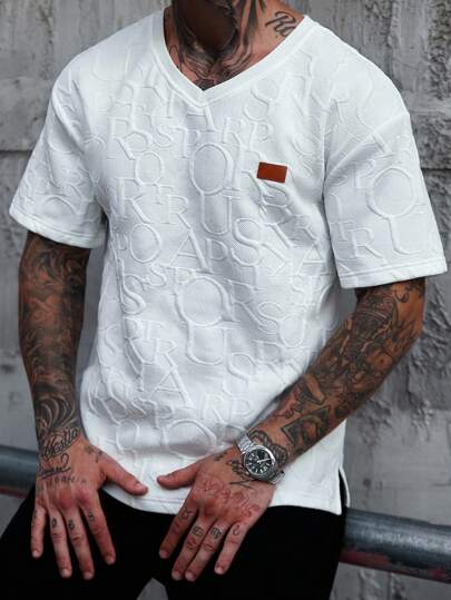 Manfinity Homme Camiseta blanca de manga corta con decoración de letras en relieve, estilo casual y urbano para hombre, verano