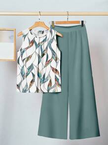 SHEIN Clasi 休闲百褶无袖上衣和阔腿裤套装，树叶印花，适合夏季 - 彩色 - 查看 1
