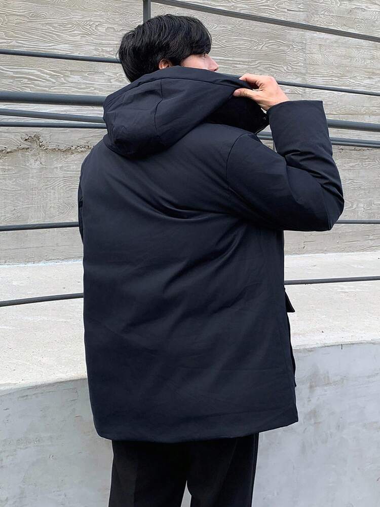 Navy Blue Hooded Thick Padded Coat With Large Pockets For Men, Winter Jacket Business Attire