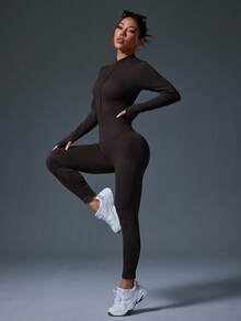 Easithlete Women's Solid Color Regular-Shoulder Fitted Lifting Ribbed Zipper Long Sleeve Jumpsuit Compression Jumpsuit Shaping Seamless Workout Jumpsuits Compression Bodysuit Women Tummy Control Jump Suit Seamless Yoga Jumpsuit - Mocha Brown - View 3