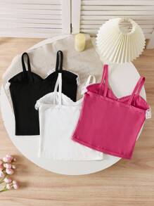 Set de 3 camisetas sin mangas ajustadas con encaje, volantes y lazo, estilo casual para niñas, en colores negro/blanco/rojo rosa, para primavera/verano - Multicolor - Ver 2