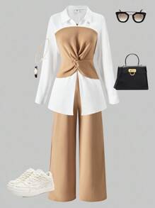 两件套少女休闲优雅校园风套装：包含一件简约长袖半开襟衬衫和一条阔腿针织裤，适合春秋季工作或日常穿着。 - 卡其色 - 查看 6