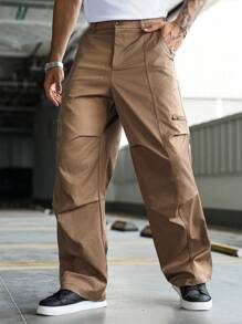 Manfinity EMRG Herren Lässig Plissee Gerade Bein Hose, Straßen-Stil Jugend Weite Cargo Hose Khaki Cargo Hose Braun Cargo Hose Herren Cargo Hose Herren Taktische Arbeitshose