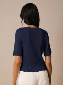 Poéselle Women's Solid Color Curved Hem Short Sleeve Single-Breasted Casual Knit Top,Fall Clothes For Women