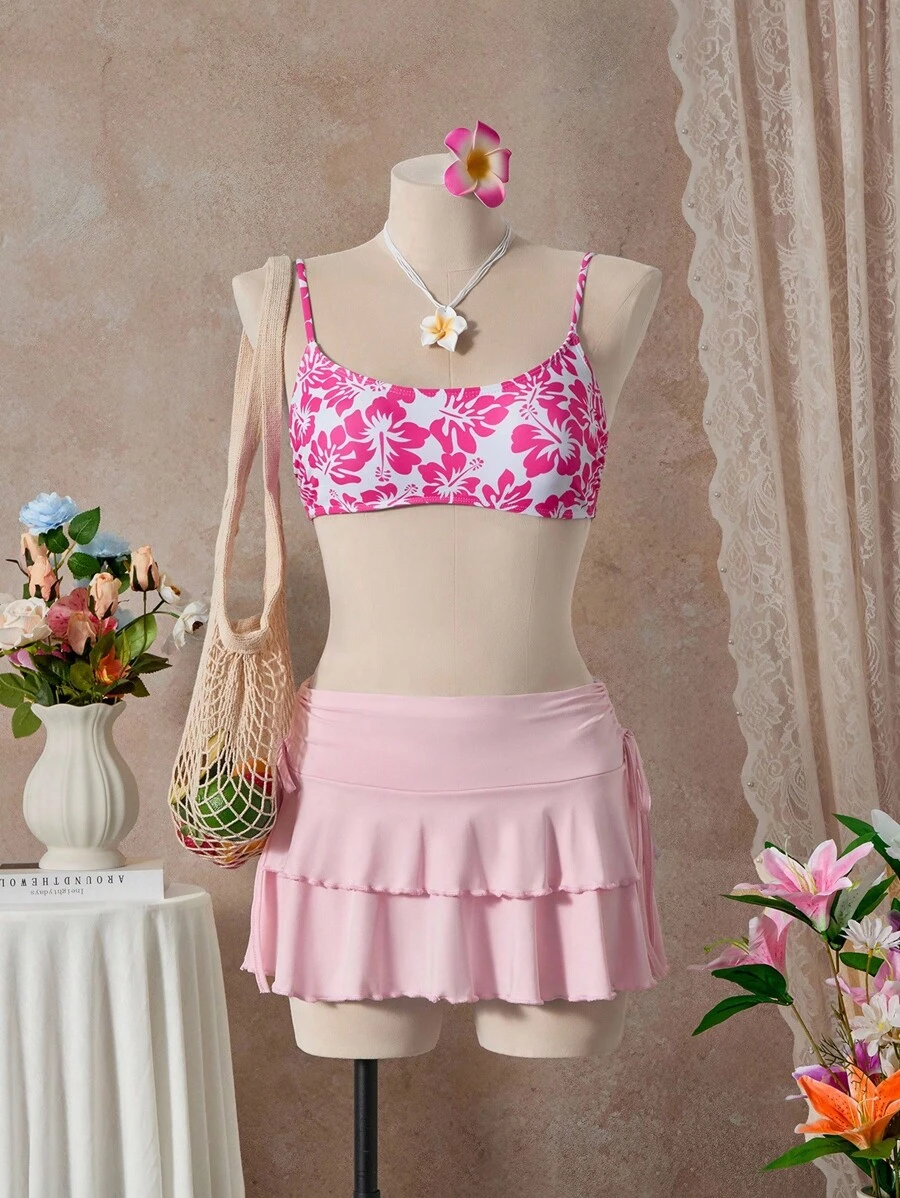 SHEIN Swim 全身印花比基尼套装,两件套泳衣泳装沙滩装夏季度假,夏日海滩 - 彩色 - 查看 1