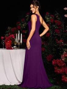 Coutiva Rhinestone Asymmetric Neckline Thigh-High Slit Wrap Dress - Purple - View 2