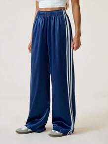 SHEIN Tall Women's Summer Y2K Streetwear Date Night Contrast Color Ribbon Striped Leather Sports Trousers
