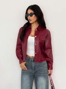 SHEIN PETITE 女士常规款勃艮第酒红色拉链领夹克，适合日常穿着，红色皮夹克，酒红色夹克，深红色夹克，短款夹克，秋冬勃艮第酒红色皮夹克 - 酒紅色 - 查看 1