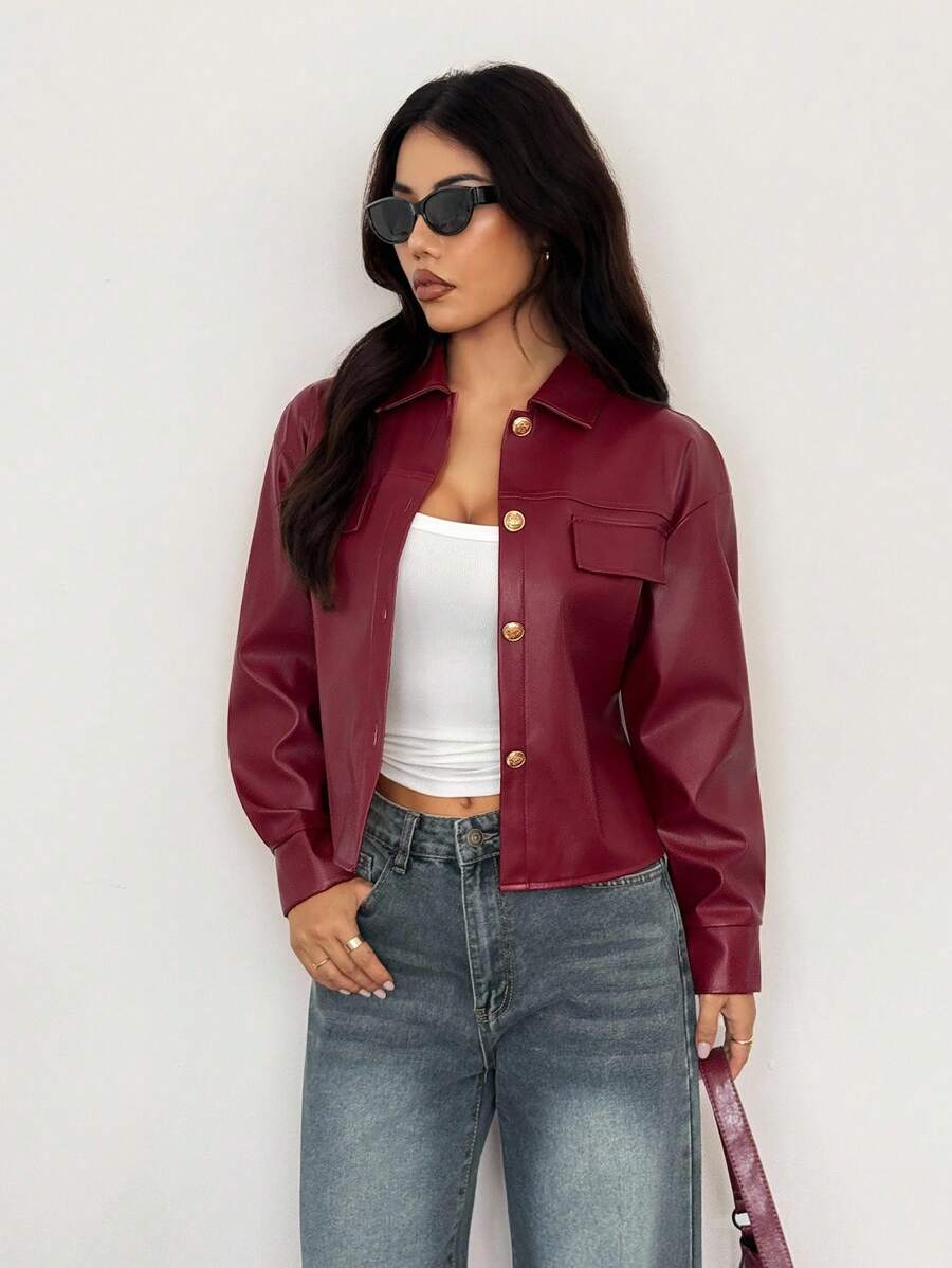 SHEIN PETITE 女士常规款勃艮第酒红色拉链领夹克，适合日常穿着，红色皮夹克，酒红色夹克，深红色夹克，短款夹克，秋冬勃艮第酒红色皮夹克 - 酒紅色 - 查看 1