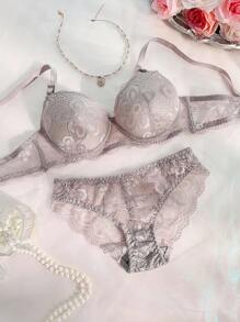 2 Pieces Women's Lace Underwear Lingerie Bra And Panty Set (With Underwire, Triangle Panty) - Grey - View 6