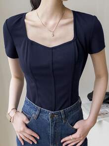 Feyla 女式纯色甜心领短袖休闲百搭T恤，夏季 - 藏蓝色 - 查看 4