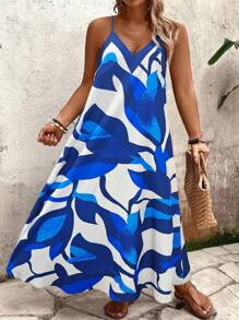 Linhara Plus Size Women's Floral Print A-Line Loose Fit Casual Maxi Dress, Suitable For Vacation And Daily Wear