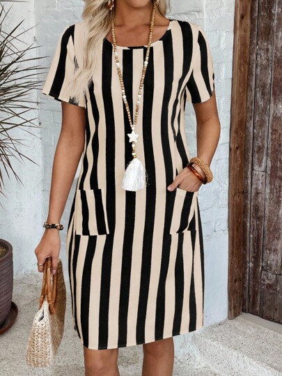 EMERY ROSE Women's Casual Vacation Colorblock Striped Mini Dress Vertical Stripe Dress Pocket Dress Striped Dress Summer Work Dress Black And Beige Striped Dress,Casual Dresses For Women