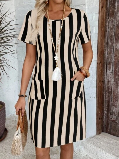 EMERY ROSE Women's Casual Vacation Colorblock Striped Mini Dress Vertical Stripe Dress Pocket Dress Striped Dress Summer Work Dress Black And Beige Striped Dress,Casual Dresses For Women