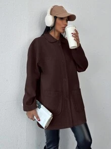 EURMUSE Cotton Knitted Overcoat Drop Shoulder Double Pocket Coat Easy To Style Perfect For Autumn And Winter - Chocolate Brown - View 6