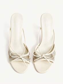CUCCOO CHICEST 白色蝴蝶结装饰舒适夏季圆头穆勒高跟凉鞋 - 米色 - 查看 8