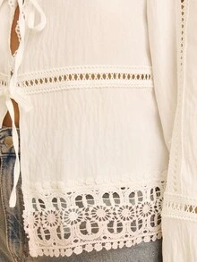 CAJUNI 女士休闲时尚百搭系带长袖衬衫 - 白色 - 查看 9