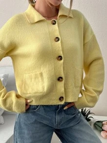 EURMUSE Women Butter Yellow Button Polo Neck Cardigan,Long Cardigans Woman,Petite Cardigans,Cardigans - Yellow - View 5