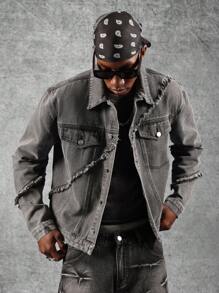 SUMWON Distressed Grey Denim Trucker Jacket Ripped Design Street Fashion Casual Outerwear Winter Fall Vintage Modern Urban Design - Grey - View 1