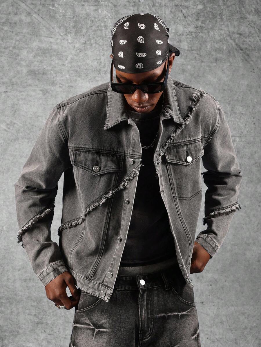 SUMWON Distressed Grey Denim Trucker Jacket Ripped Design Street Fashion Casual Outerwear Winter Fall Vintage Modern Urban Design - Grey - View 1