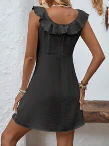 EMERY ROSE Women's Solid Color Patchwork Ruffle Trim Button Design Mini Dress, Vacation Style - Black - View 2