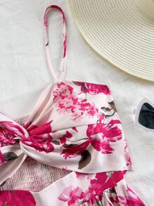 Dreamara Plus Size Women's Summer Vacation Floral Print Twist Front Hollow Back Spaghetti Strap Dress