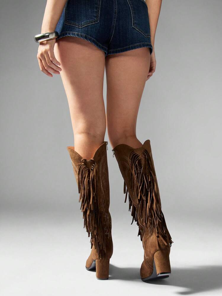 MISSGUIDED Stylish Western Knee High Boots With Side Fringe Detailing Chunky Block Heel Embroidered Design Fall Winter Fashion Statement Cowgirl Boots