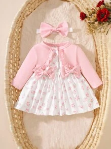SHEIN Newly Born Baby Girl Pink Long Sleeved Patchwork Floral Bow Dress With Elegant, Sweet And Cute Headband, Suitable For Daily Outdoor Leisure Activities In Autumn Fall Winter